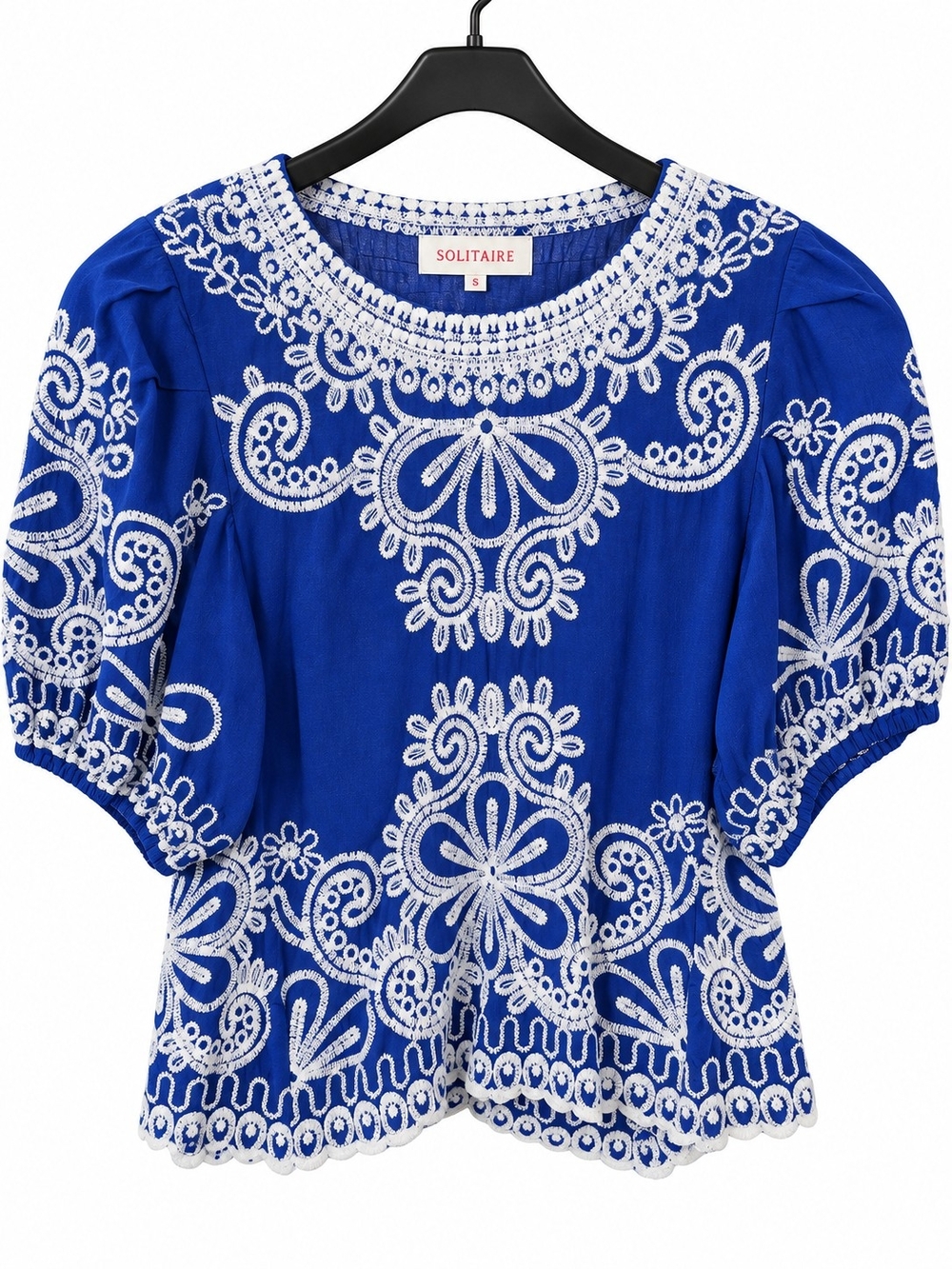 Solitaire Embroidered Floral Blouse in Blue & White Size Small